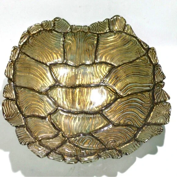 Turtle Tortoise Glass Shell Serving Bowl Platter Silver Green Gold 13 Inch